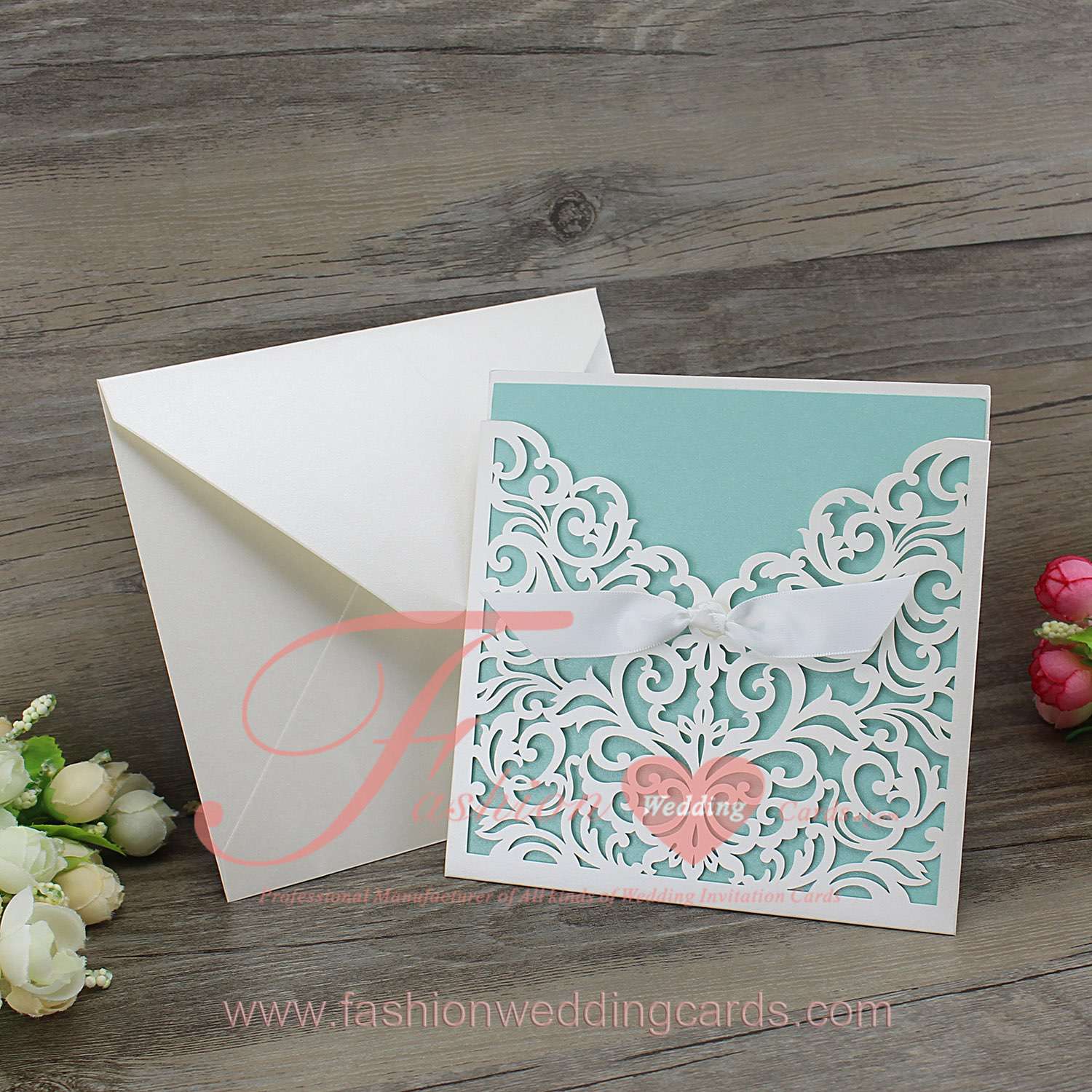 Printable Shimmer White Laser Cut Invitations Pocket